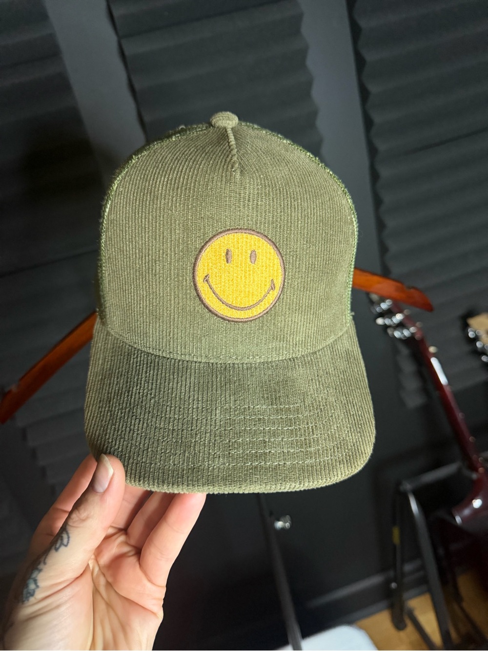 American Eagle Outfitters Olive Green Corduroy Cap with Yellow Smiley Patch